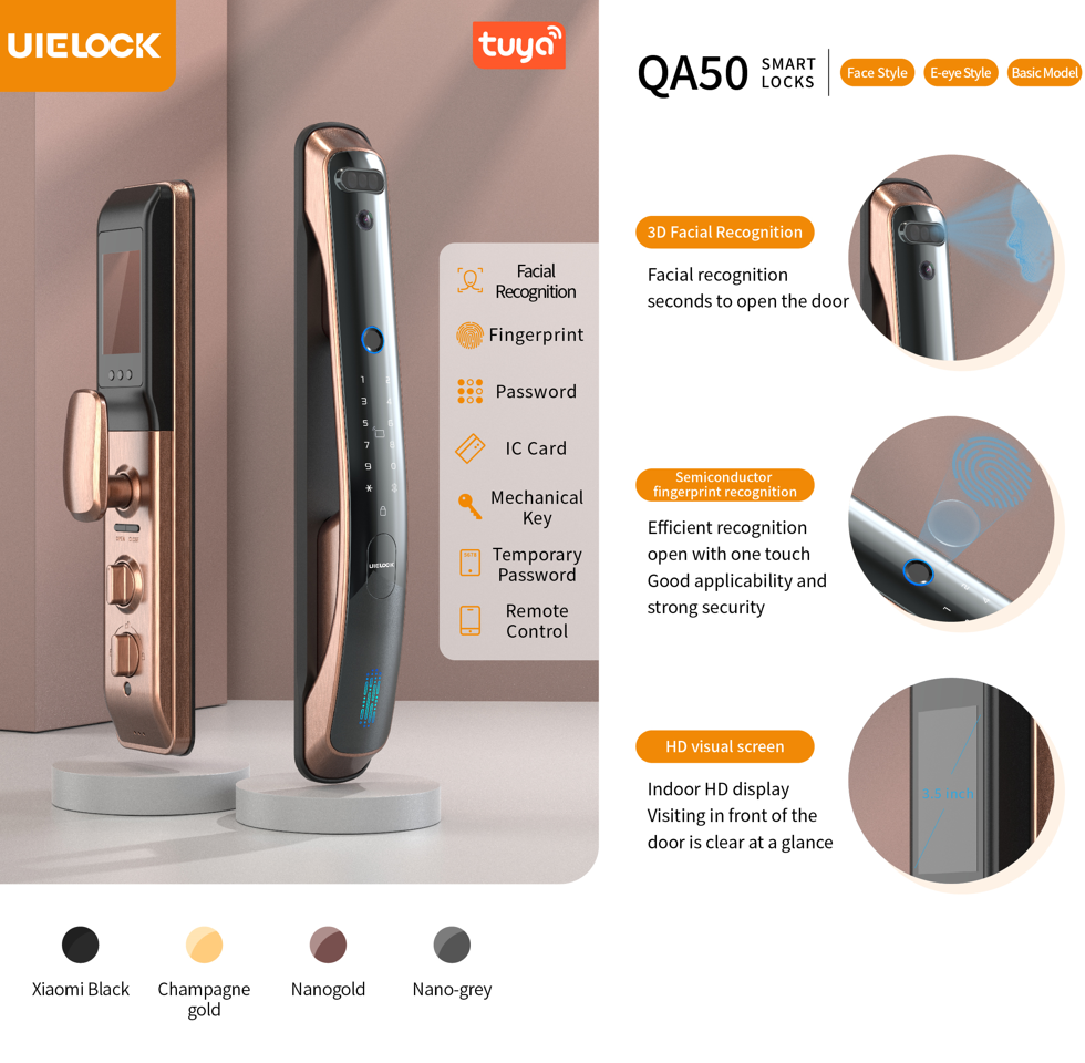 QA50 Tuya Wifi 3D Face Digital Electronic Smart Door Lock With Biometric Camera 